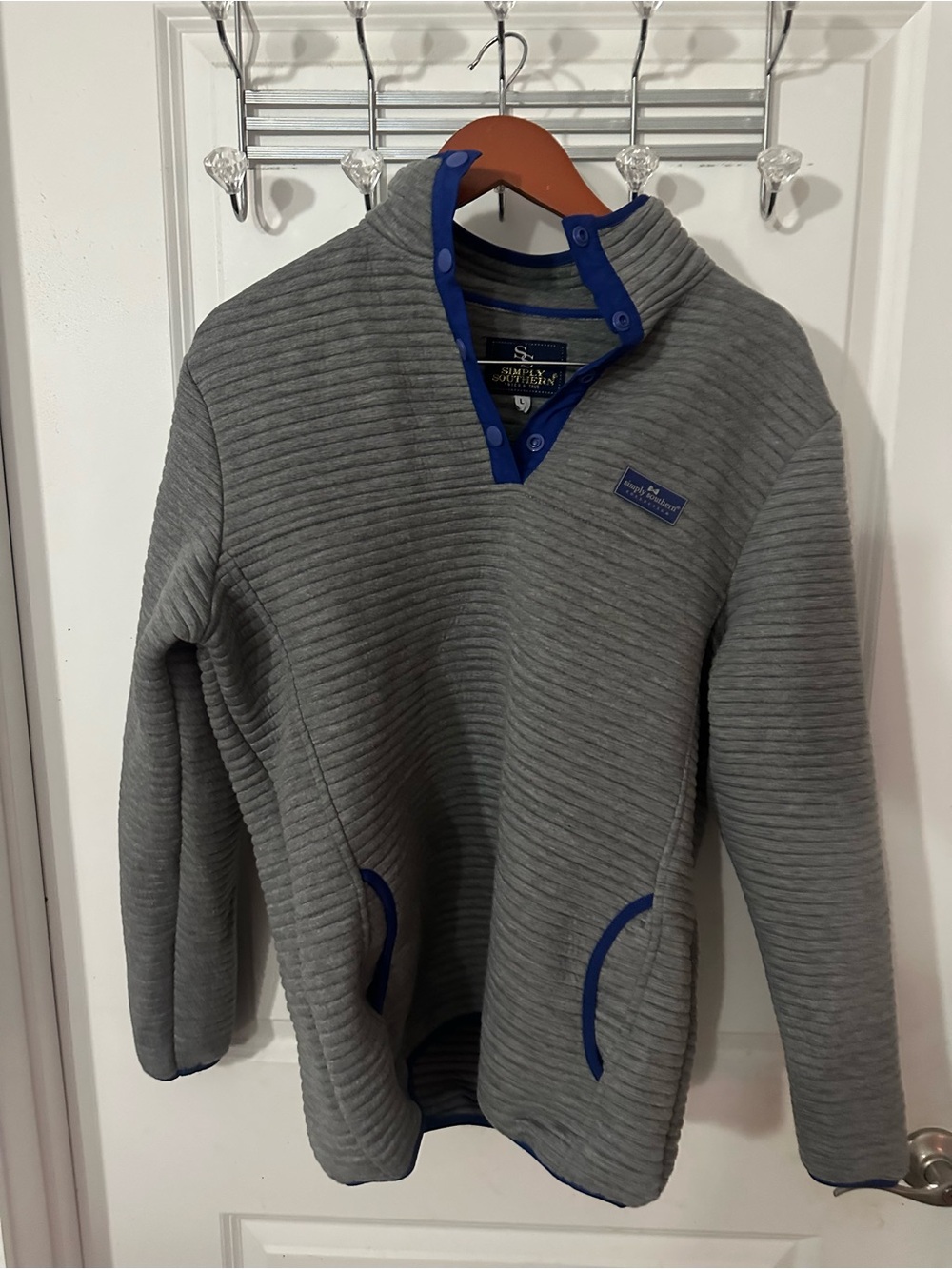 Simply Southern Gray Quilted Zip Pullover with Blue Trim